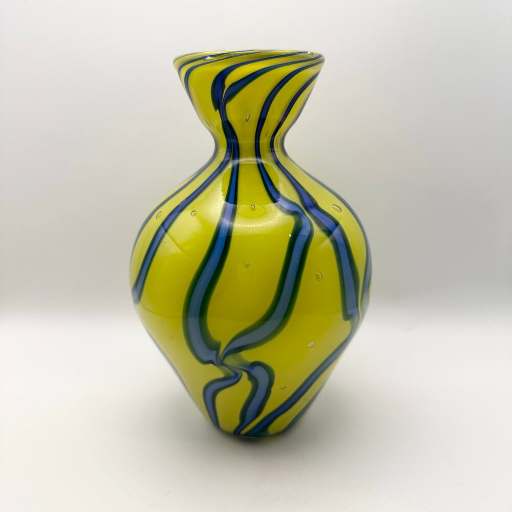 Yellow Blue Swirl Pulled Art Glass Vase 7.5" MCM Modern Signed W. Breitbart 84 ?